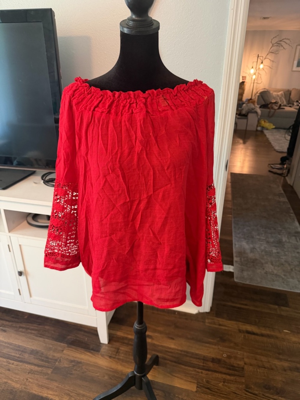 Women's Red Off-Shoulder Crochet-Sleeve Blouse